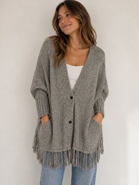 Women Gray Long Open Cardigan One Size Fringe Button Chunky Knit Boho 3/4 Sleeve